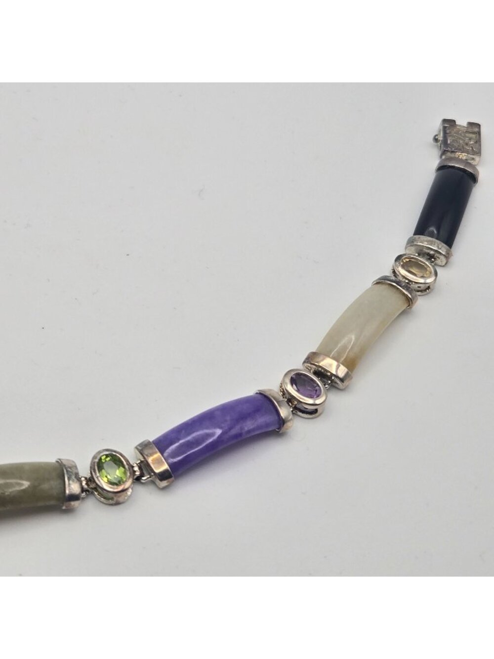 Vintage Sterling Silver Multi-Stone Inlay Bracelet Jade Amethyst Onyx Citrine